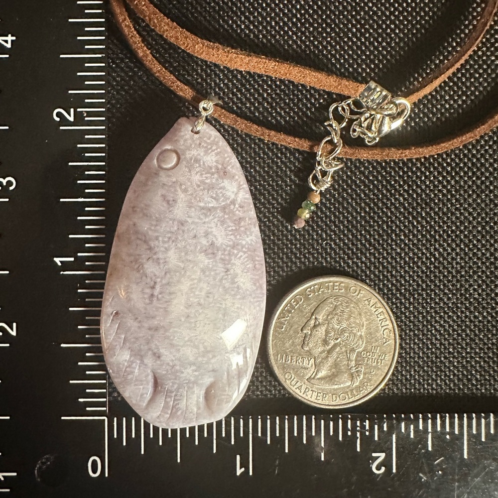 Ice Purple Coral Fossil Jade Fish Pendant Necklace on Brown Faux Suede - Picture 15 of 16
